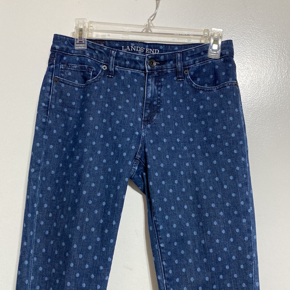 LANDS END Mid Rise Slim Legs Jean. Navy Blue with medium size indigo dots.